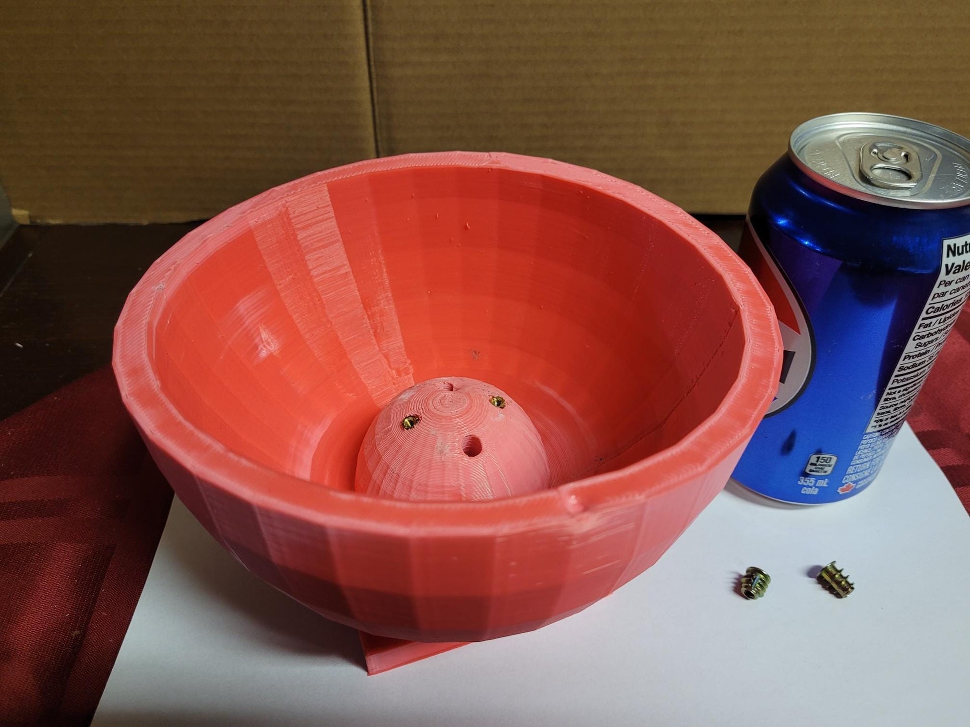 Incense Large Dish color red made of PLA, alongside a can for scale, with incense sticks visible inside the dish.